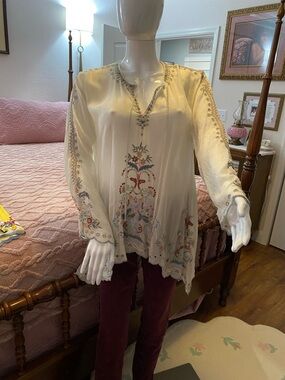 Johnny Was Embroidered Cream Boho Tunic Top L